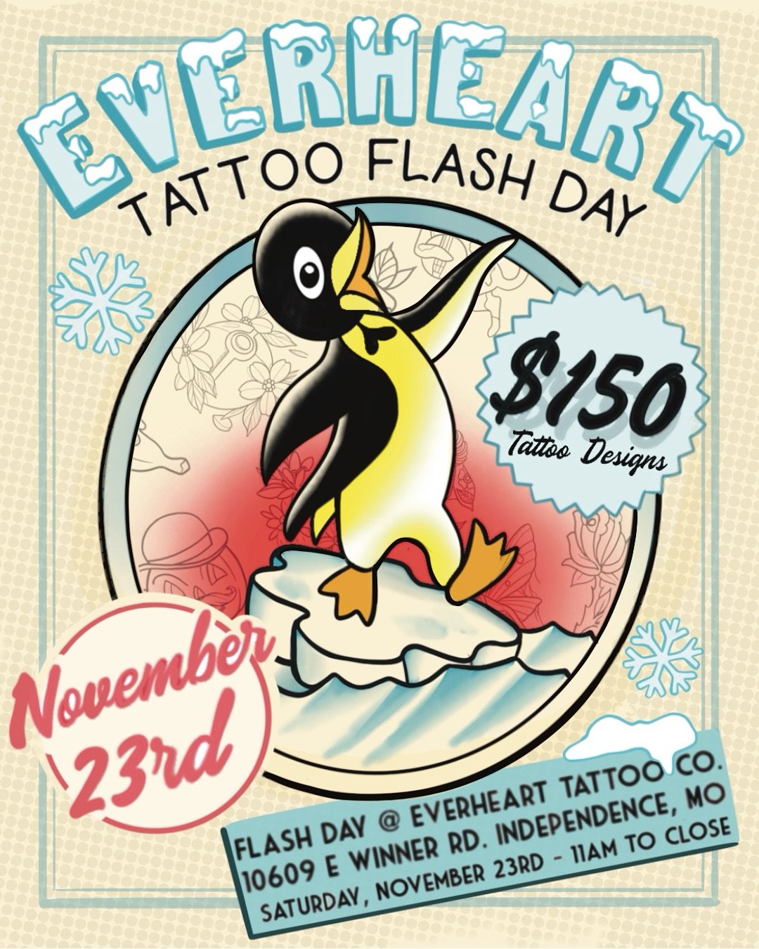 FLASH DAY ALERT! 

Join Everheart Tattoo on Saturday, November 23rd, for a flash day like no other!

GET READY FOR:

Over 100 AMAZING designs to pick from!
$150 flash designs (palm-sized)!
Stunning black &amp; grey or vibrant full-color options!

EVE