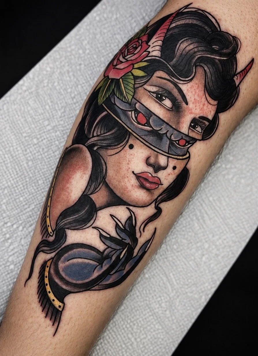 Traditional color female portrait tattoo by Chris Layman, tattoo artist serving Gulf Shores, Alabama and the surrounding Baldwin County area. Bold color, strong outlines, and classic traditional tattoo influence.