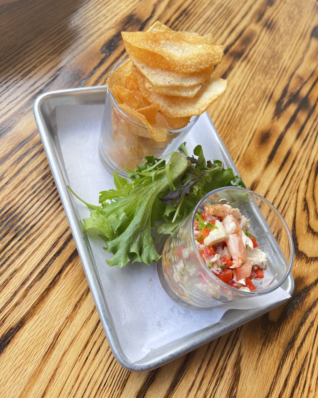 Wild striped bass and shrimp ceviche&hellip;. Hand cut potato chips. Summer is here