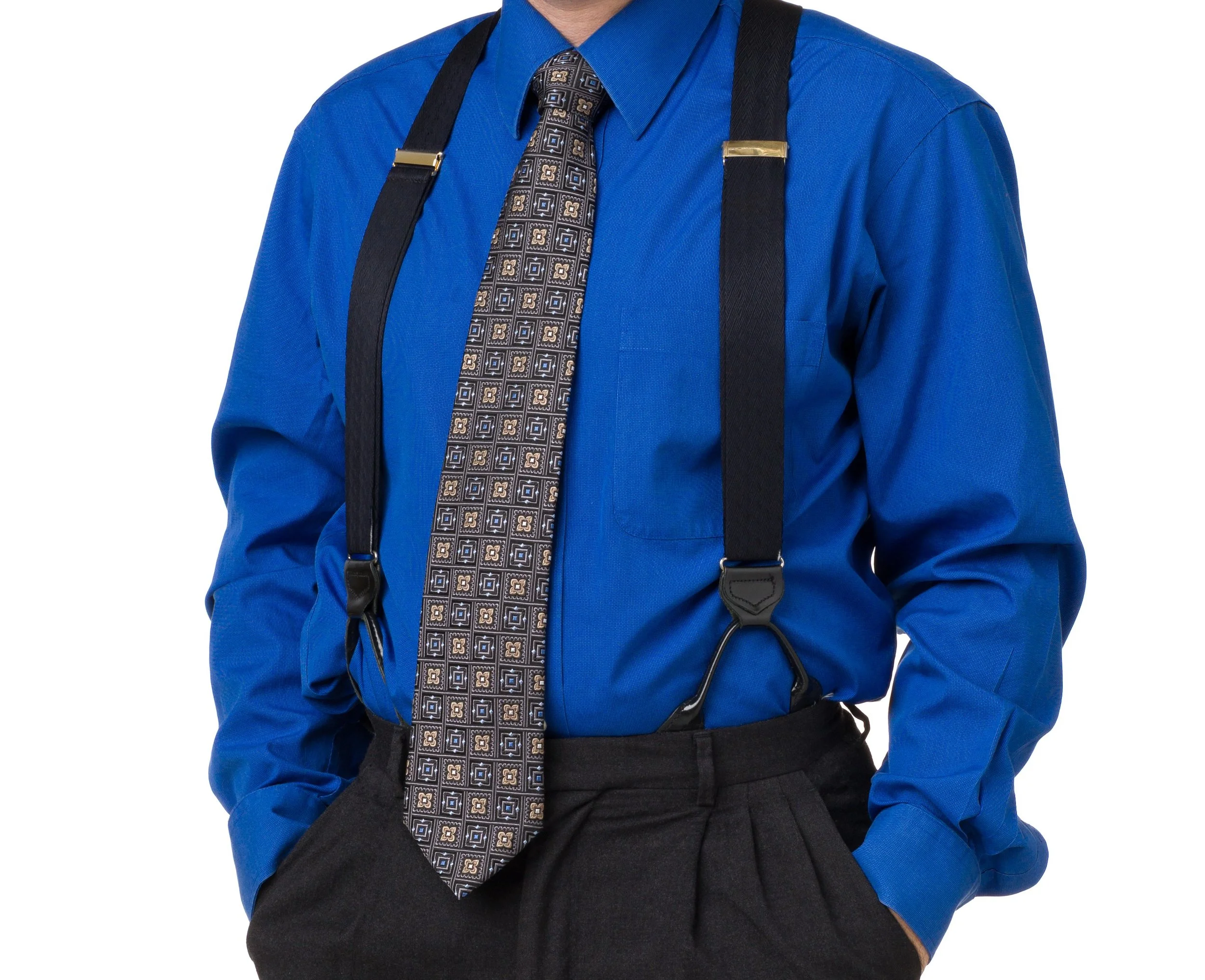 Torso of man with suspenders
