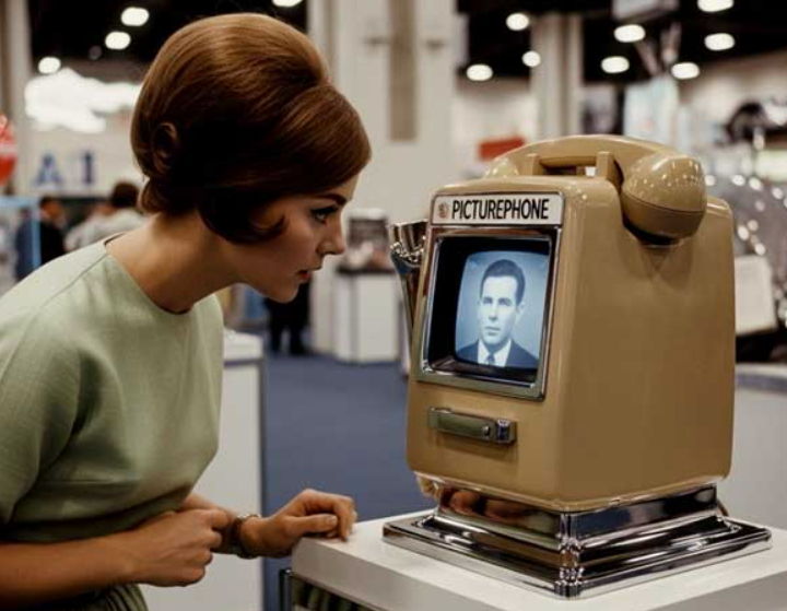 Model looking at Picturephone prototype