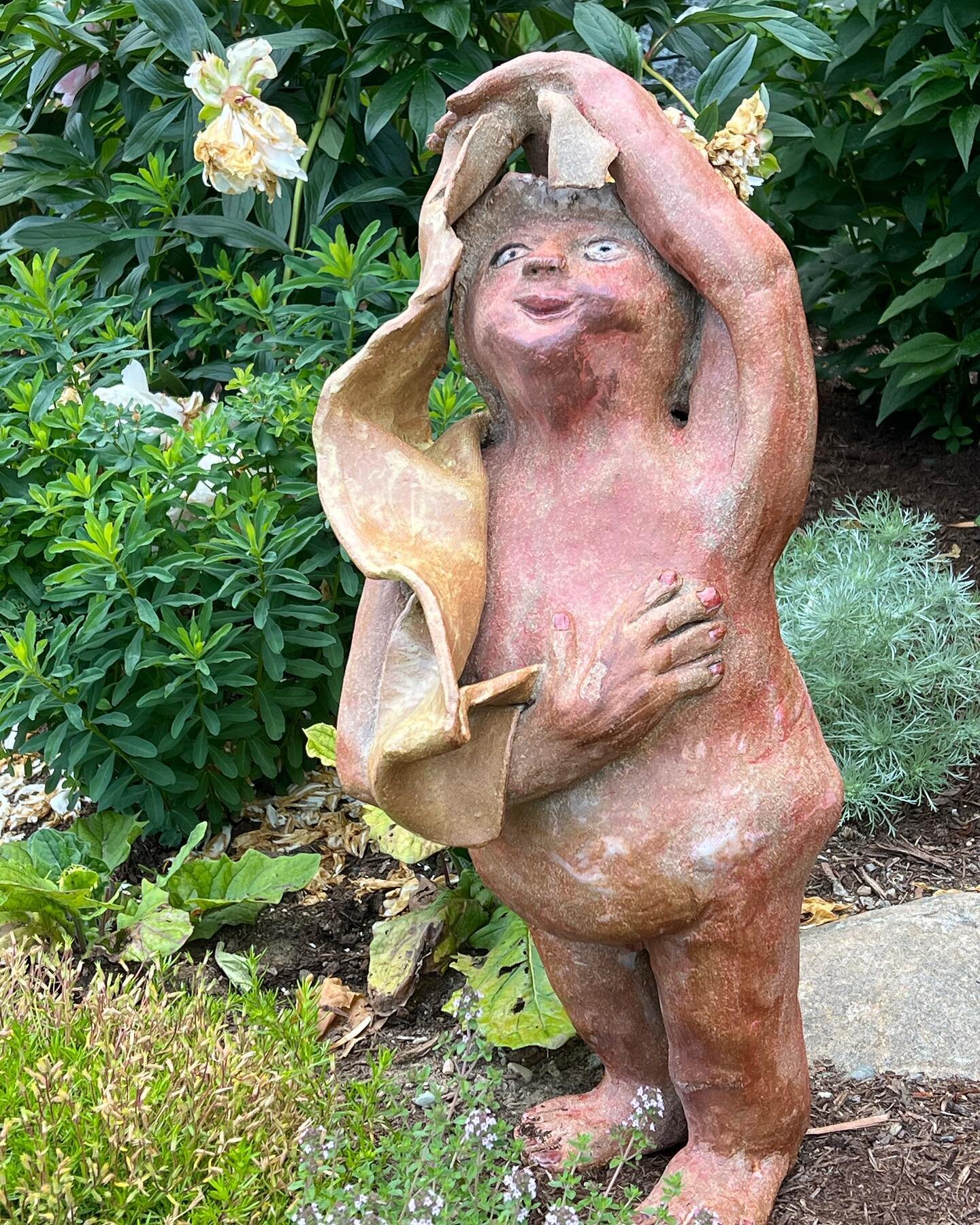 Rosie is finished and found her joy in my garden. #sculpture #clayart