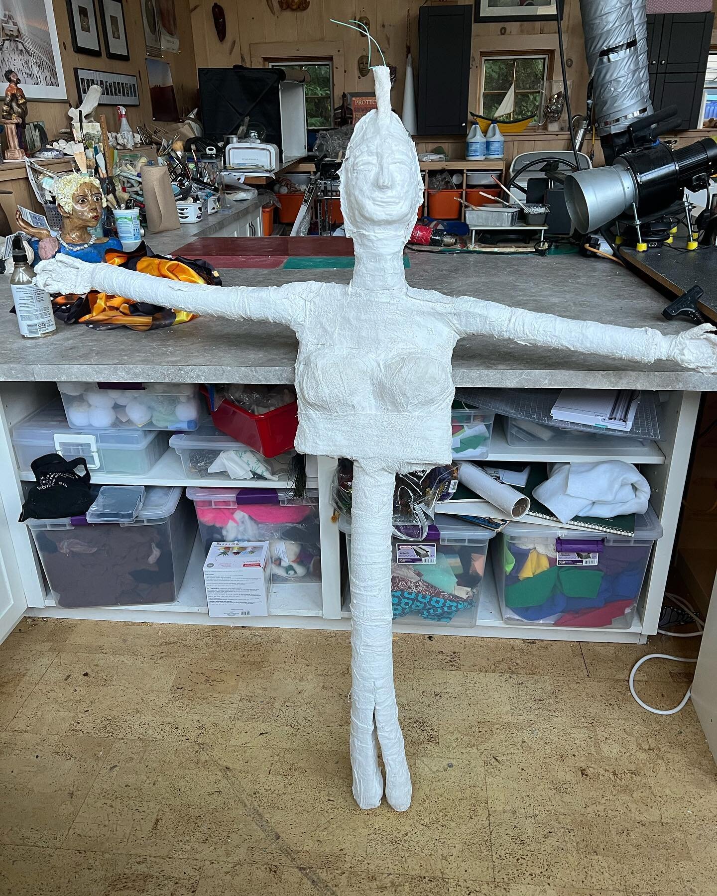 Just finished the beginning of a spirit woman. She is made of plaster a product I hate working with but had to keep this light. What she becomes you will have to wait for the finished sculpture #photographersworkroomvt -workroom #sculpture