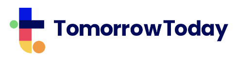 TomorrowToday logo with colorful lowercase "t" and the words "Tomorrow Today" in blue font.