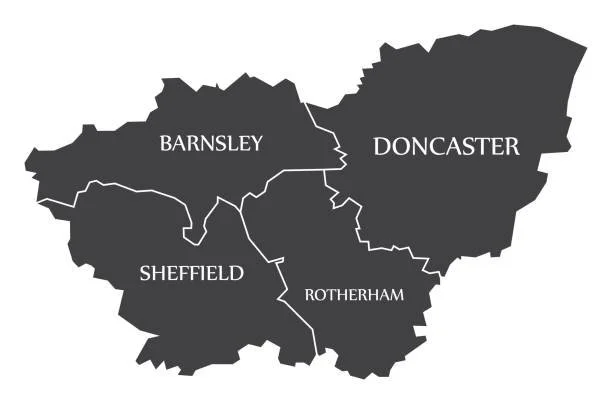 Map of four regions labeled Barnsley, Doncaster, Sheffield, and Rotherham
