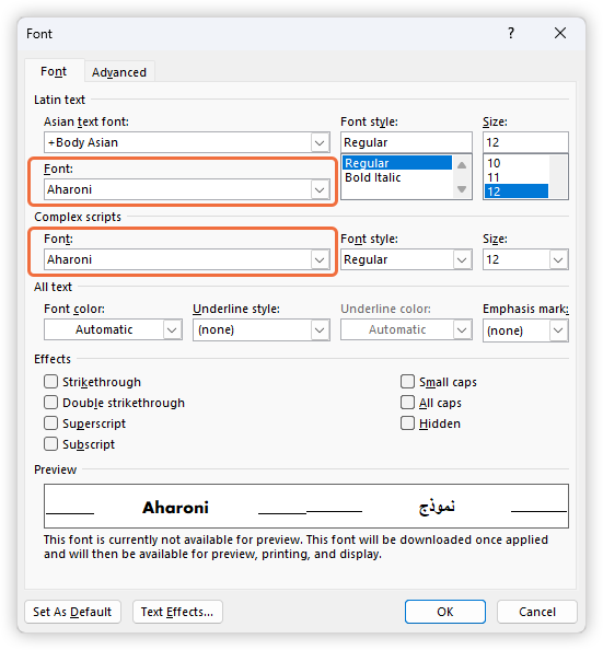 Advanced fonts dialog in Word showing latin and complex script fonts