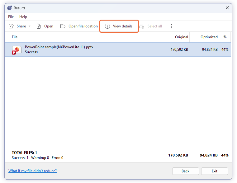 View size breakdown of PowerPoint file