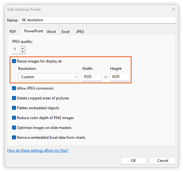Configure custom resolutions for precise compression