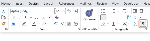 Word Ribbon highlighting the Show Paragraph Marks button