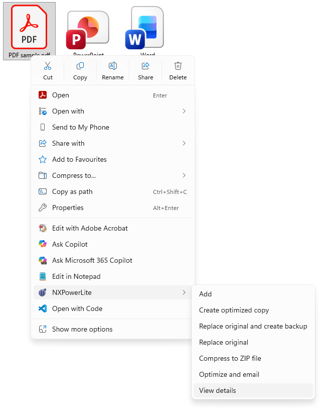 Screenshot of right-click menu on a PDF file showing the NXPowerLite view details size breakdown option
