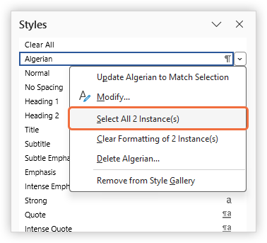 Style explorer in Word showing the select instances menu option