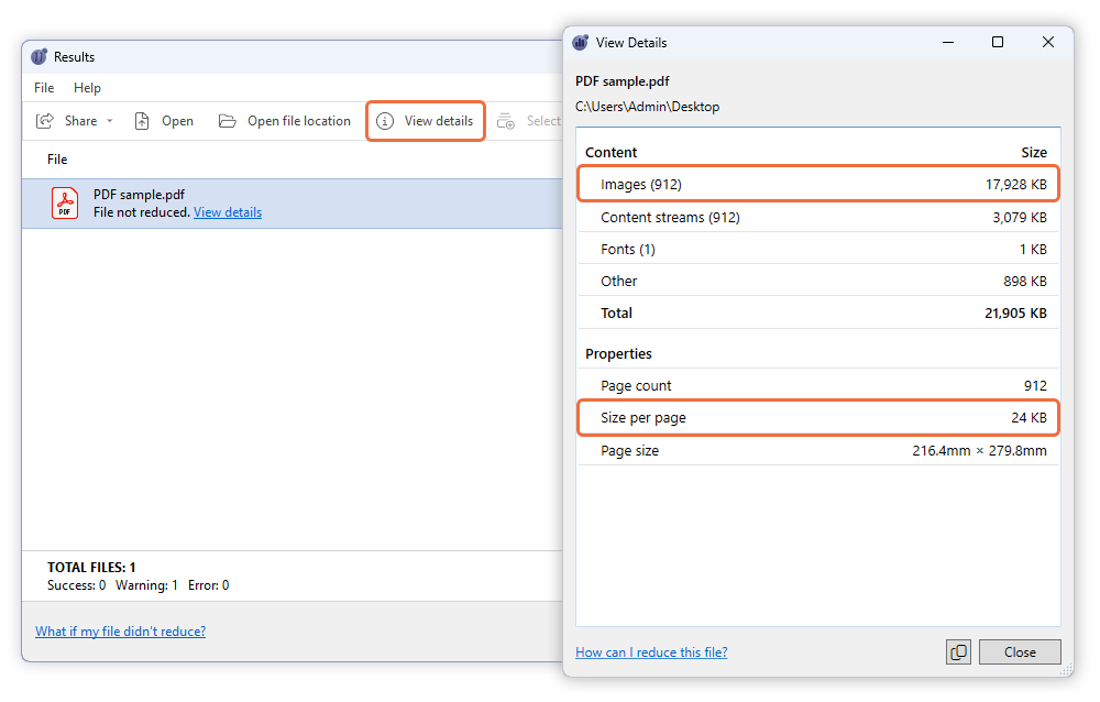 PDF file size audit space usage
