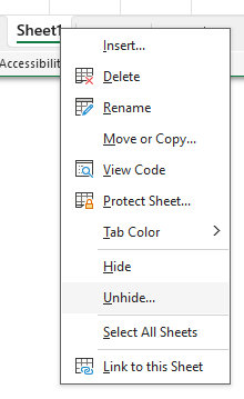 Unhide sheet option in Excel