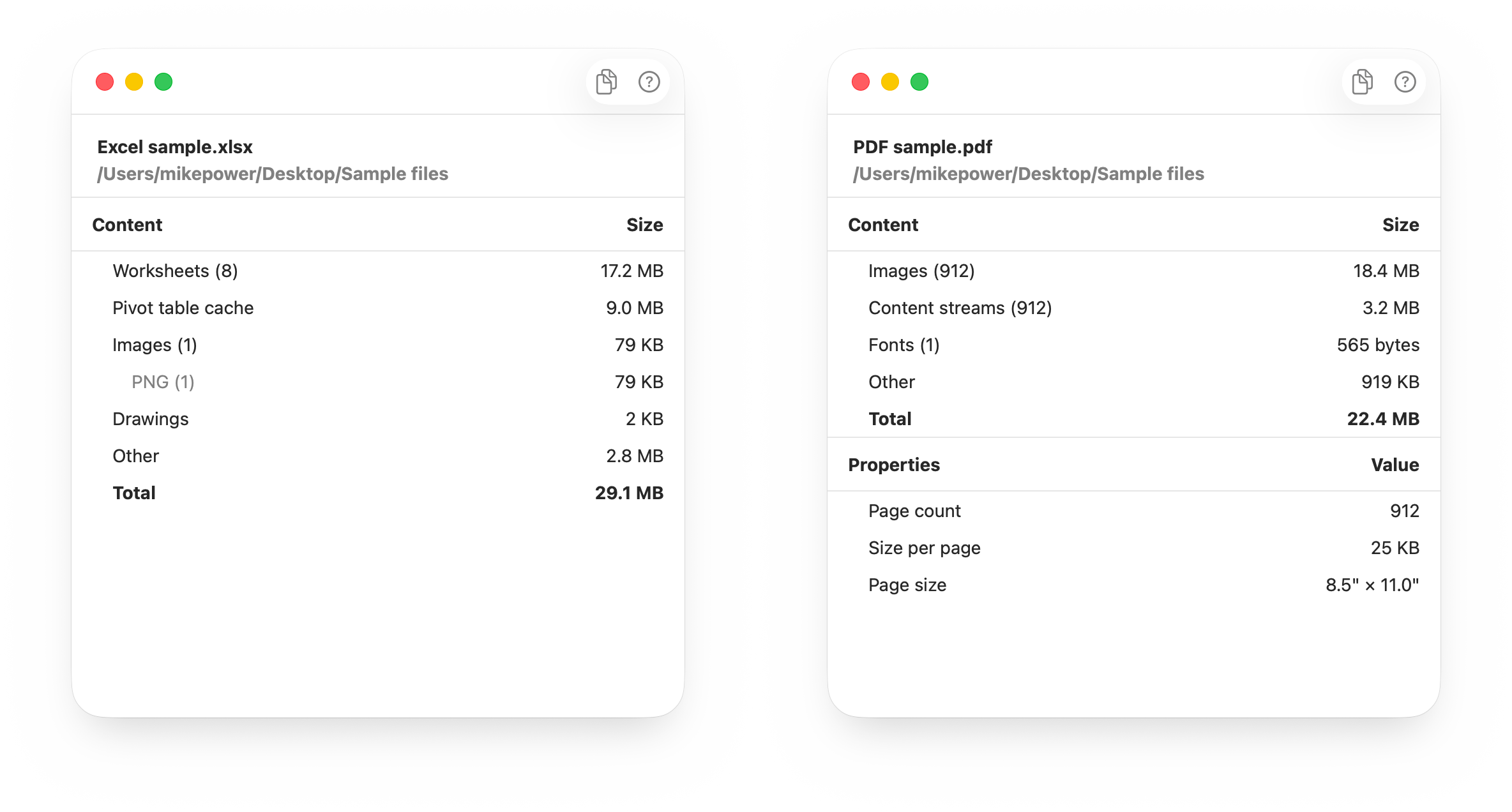 Screenshots of file size breakdowns for an Excel and PDF file