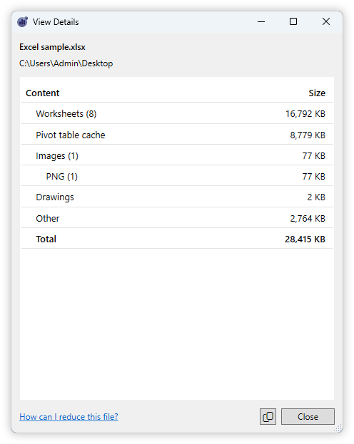 NXPowerLite view details window showing size breakdown for an Excel file, indicating Pivot table cache and worksheets are the main size cause.