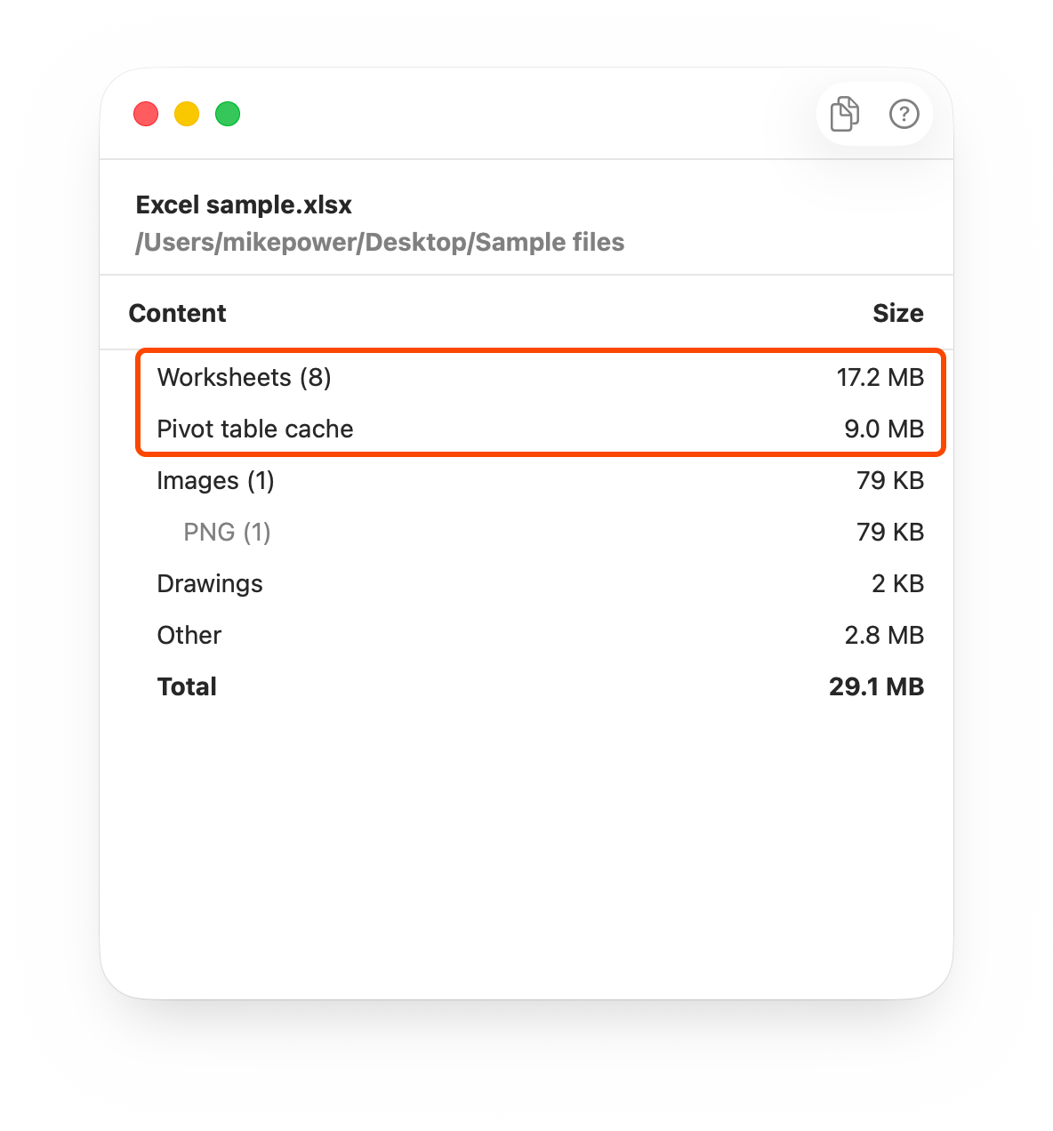 Screenshot showing a file size breakdown for an Excel file in NXPowerLite