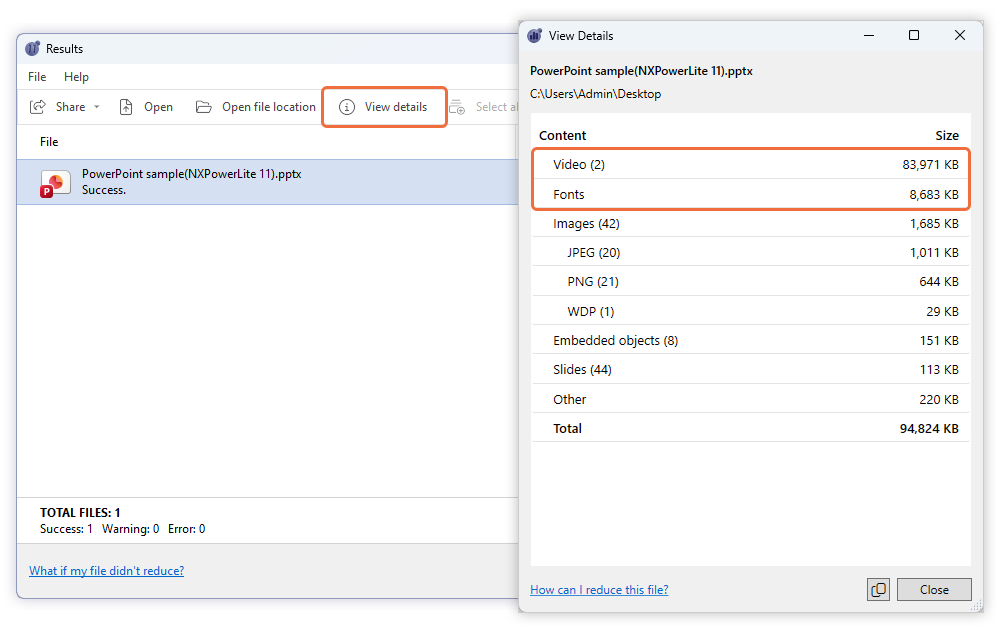 NXPowerLite displaying a size breakdown for a PPTX file