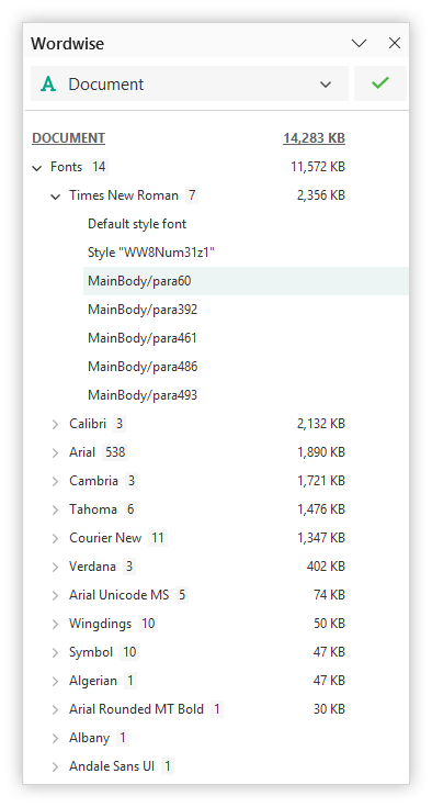 Wordwise add-in pane with a list of fonts in use in the document.