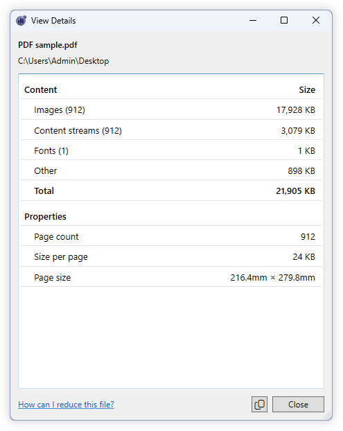Screenshot of a PDF file details window showing the content size of a pdf named 'PDF sample.pdf' with sections for images, content streams, fonts, and other, totaling 21,905 KB.