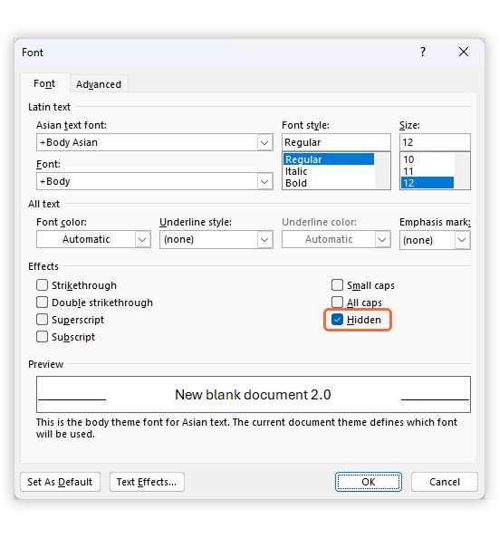 Word Font dialog with the Hidden text checkbox option selected.