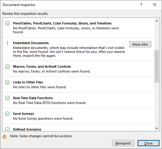 Embedded documents warning in the Excel inspector