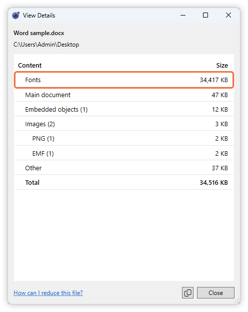 Word DOCX file size audit