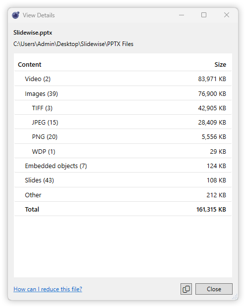 View file size breakdown of PPTX file