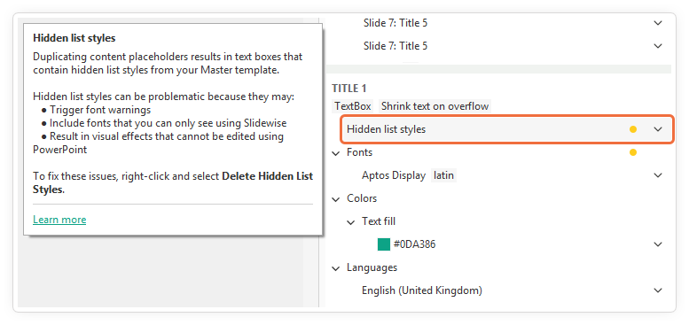 Tooltip describing PowerPoint hidden list styles
