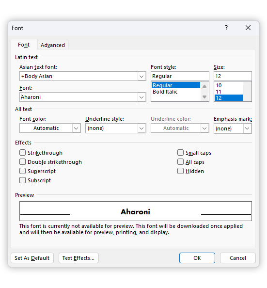 Advanced Word Font Dialog with no complex script options