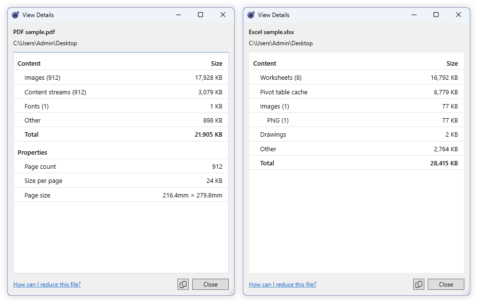 File size breakdown audit of PDF and XLSX file