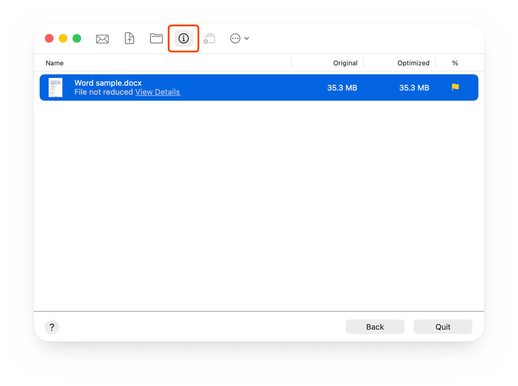 Screenshot of NXPowerLite with the view details button for a DOCX file highlighted