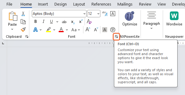 Home tab of the Word Ribbon showing the button to open the advanced font dialog