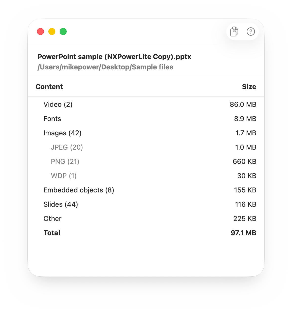 Screenshot of file size breakdown report for a PowerPoint file in NXPowerLite Desktop