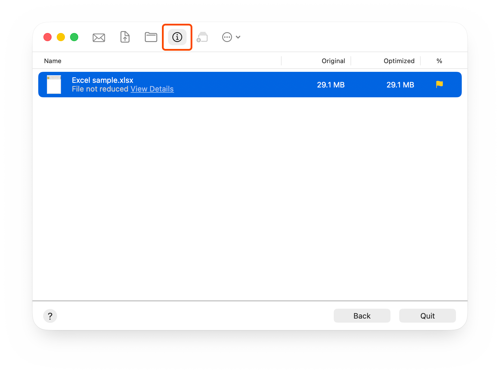 Screenshot of NXPowerLite with the view file size details highlighted for an Excel file