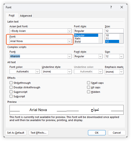 Word advanced fonts dialog showing latin font set to Arial Nova and complex scripts to Aharoni