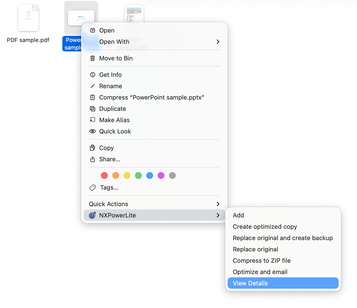 Screenshot of Finder menu options for NXPowerLite Desktop Mac 11