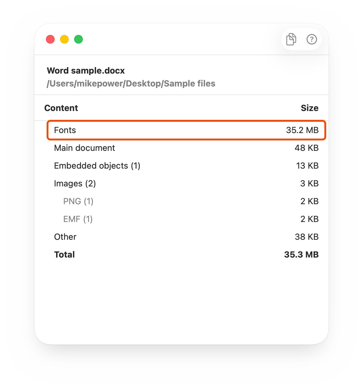 Screenshot showing the file size audit for a Word document