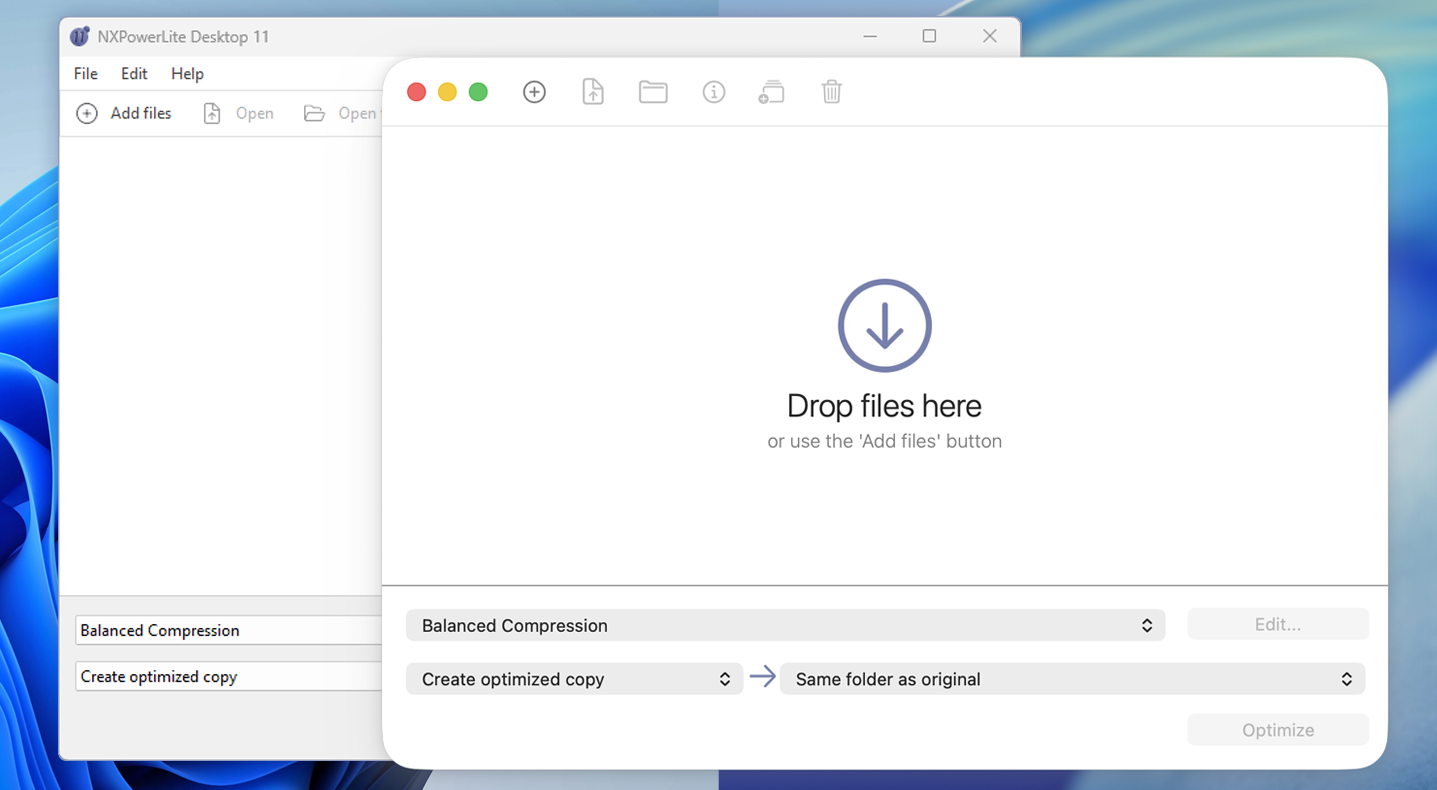 Screenshot of a computer desktop showing an open PDF compressor application with options to add files and folders, and settings for optimizing and saving copies, with a Windows 11 background.
