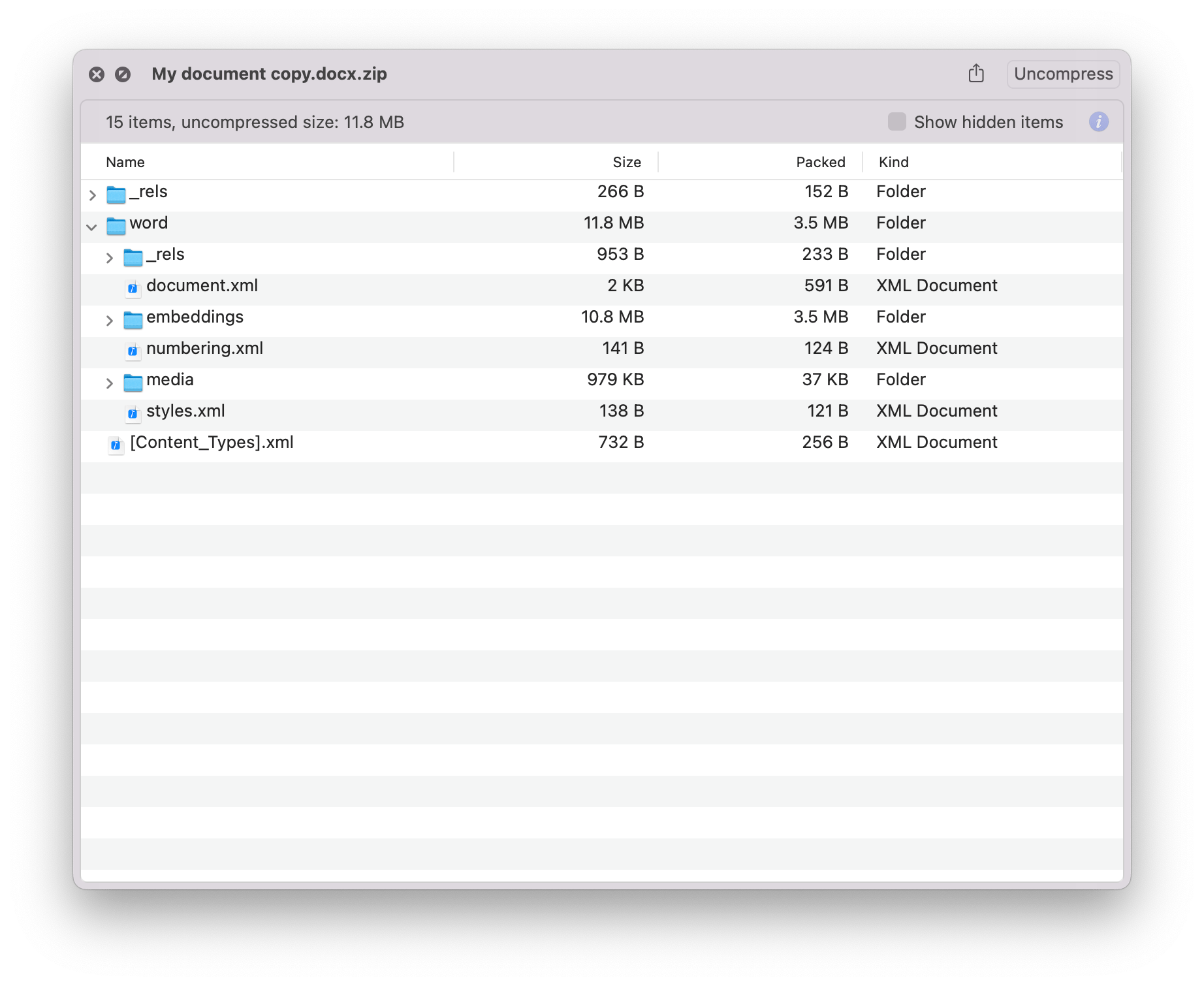 Breakdown of content of a DOCX file