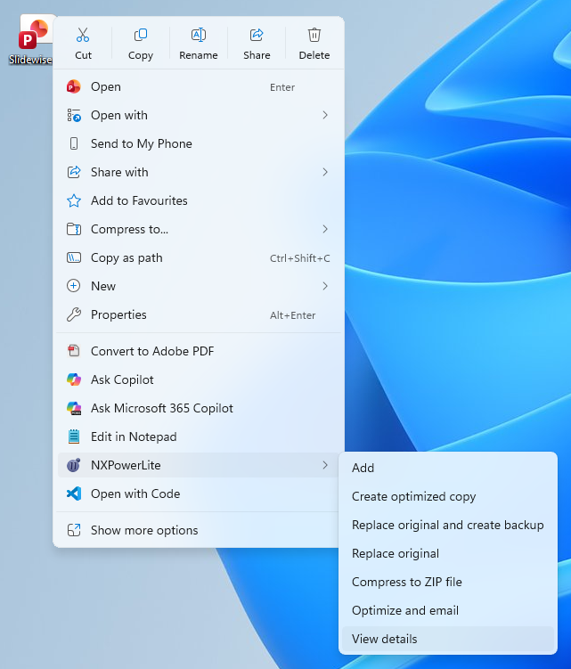 Use Windows 11 context menu to view details on a PPTX file