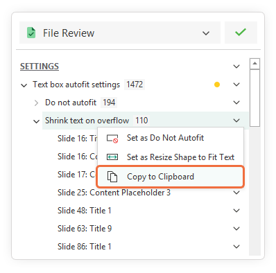 Slidewise menu option to copy a list of changes to the clipboard for reference