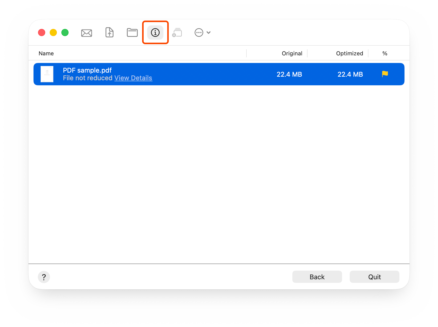 Screenshot of NXPowerLite showing the view file size details option for a PDF