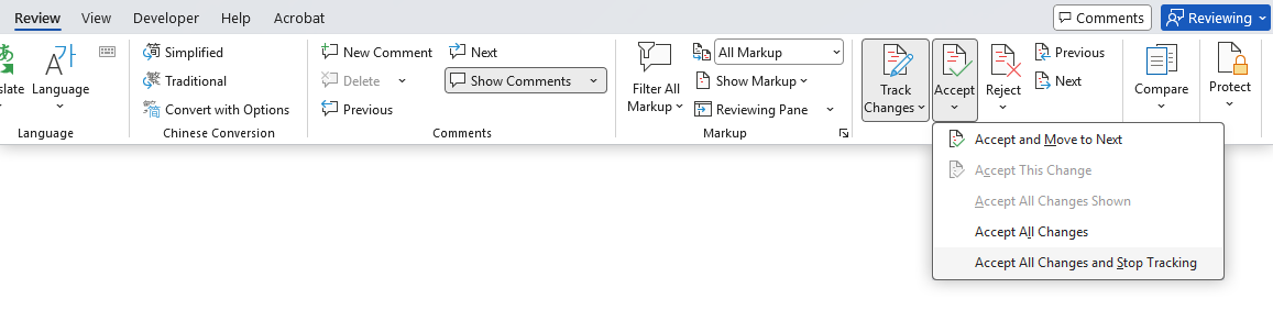 Review tab in Word showing the Accept all changes and stop tracking option