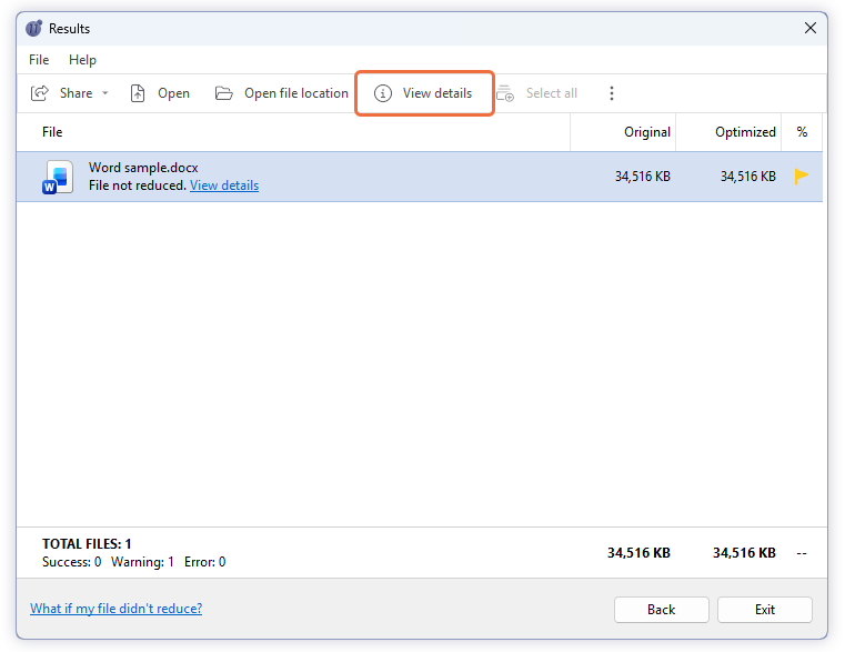 View file size audit of DOCX file with NXPowerLite