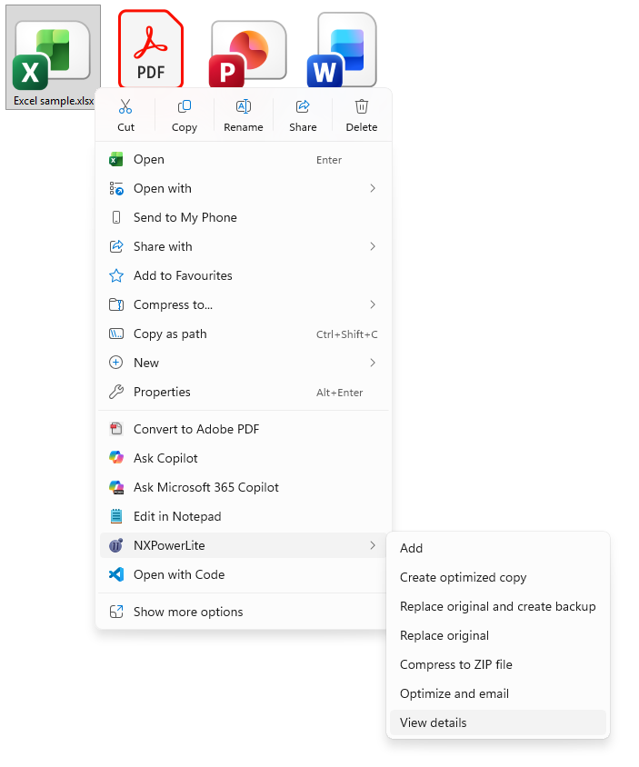 Screenshot showing right-click menu on an Excel file with the NXPowerLite file size details option highlighted