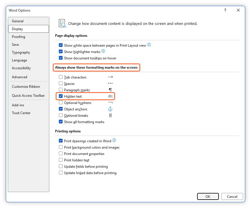 Word options display dialog, always show hidden text option