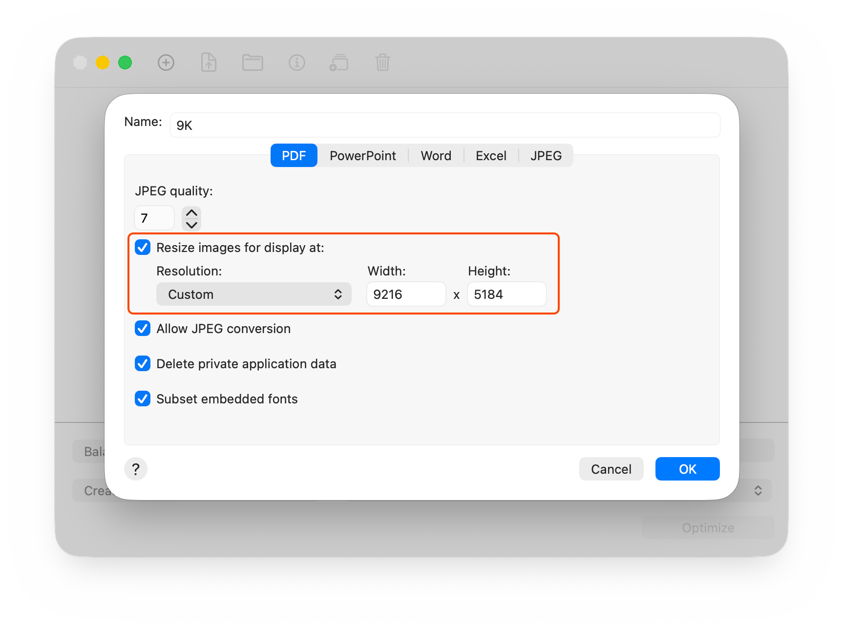 Screenshot of the custom resolution settings in NXPowerLite Desktop Mac 11