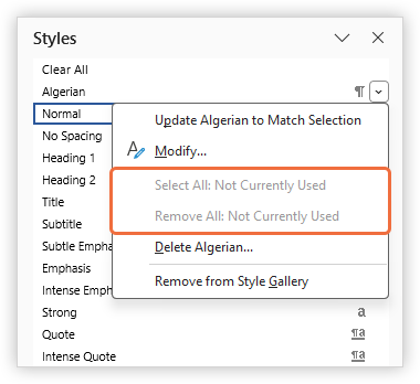 Word Style Explorer showing that the style is not in use