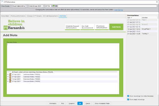 A page to add miscellaneous notes to a patient record