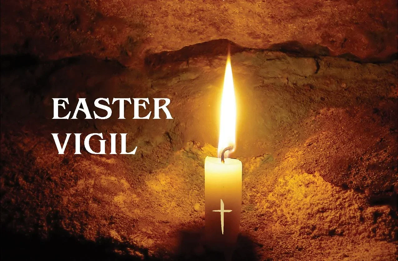 Illustration of three crosses on a hill seen through a cave opening at sunrise, with text 'Easter Vigil 4/19' and a picture of a wooden Easter egg and crosses.